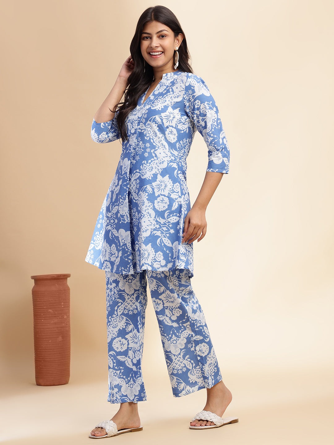Aqua Blue Cotton Floral Printed Flared Co-Ord Set