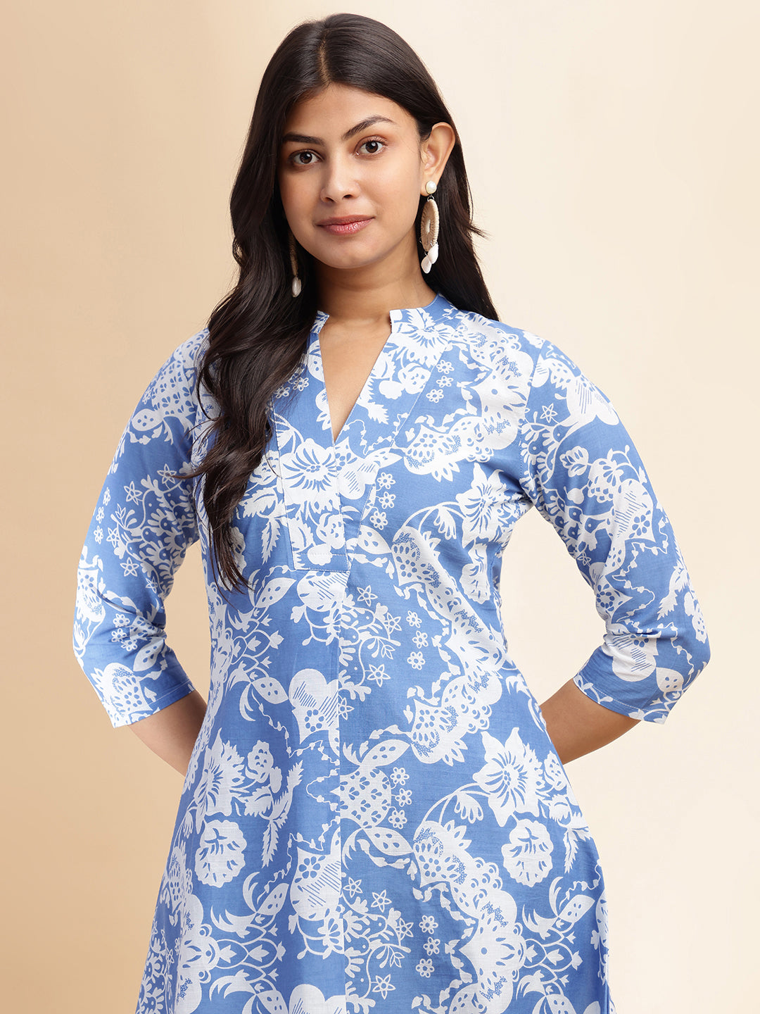 Aqua Blue Cotton Floral Printed Flared Co-Ord Set
