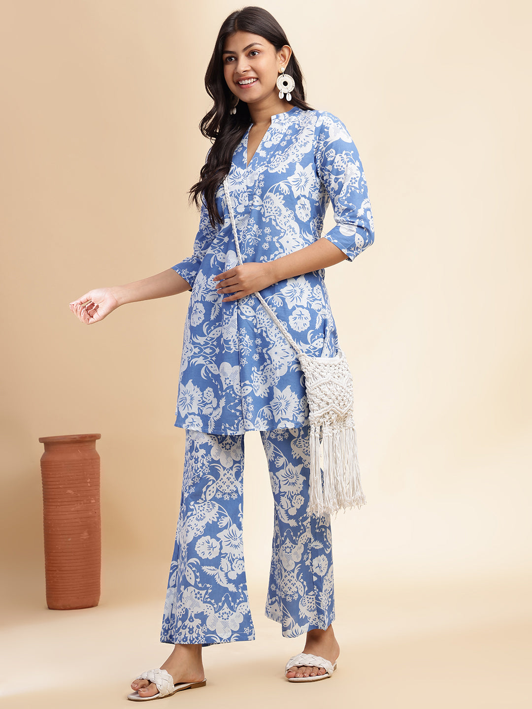 Aqua Blue Cotton Floral Printed Flared Co-Ord Set