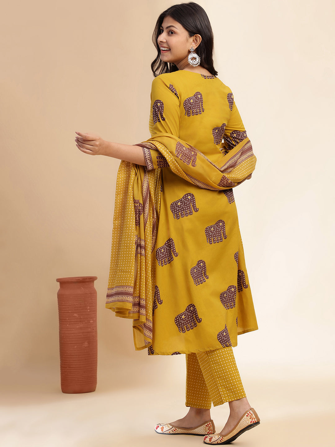 Mustard Animal Print Anarkali Cotton Stitched Kurta Set