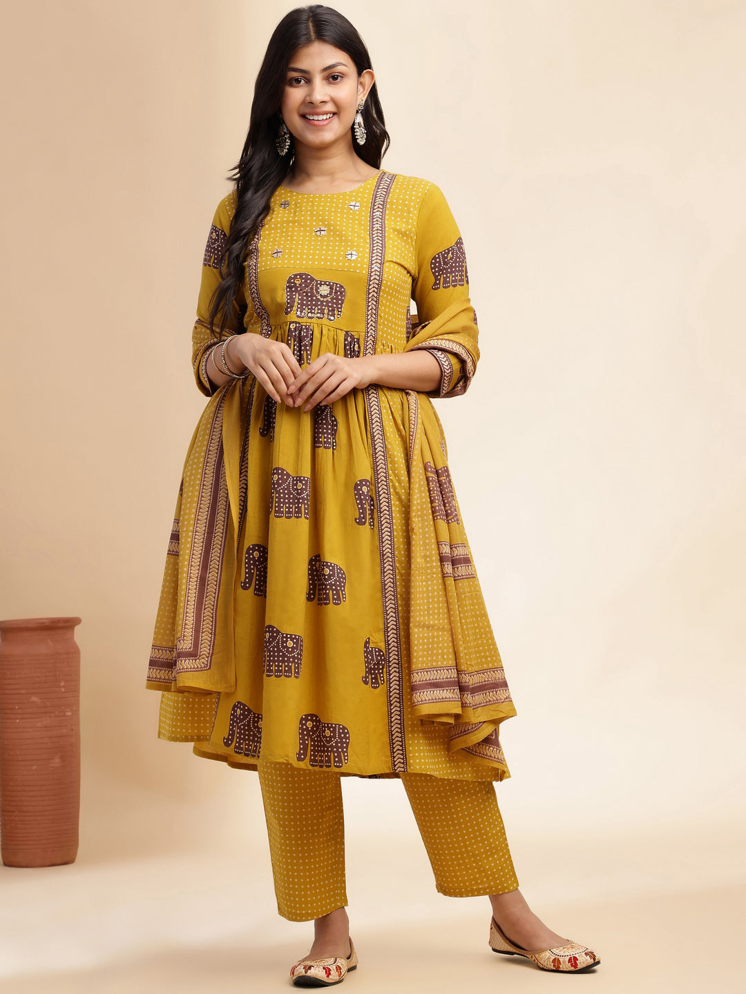 Mustard Animal Print Anarkali Cotton Stitched Kurta Set