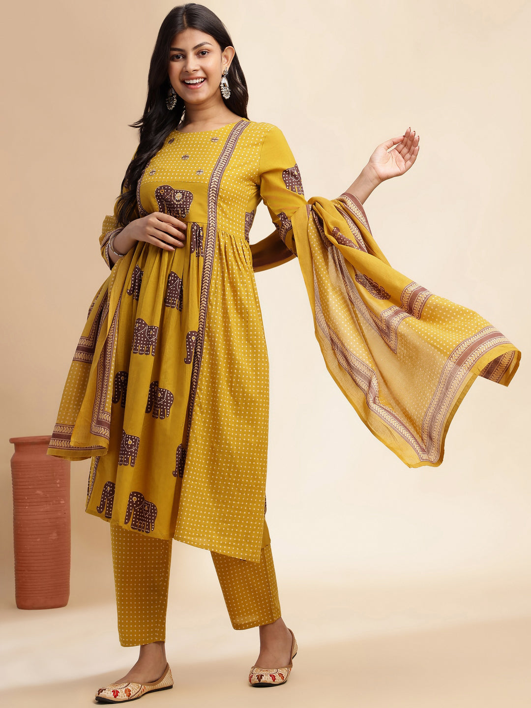Mustard Animal Print Anarkali Cotton Stitched Kurta Set