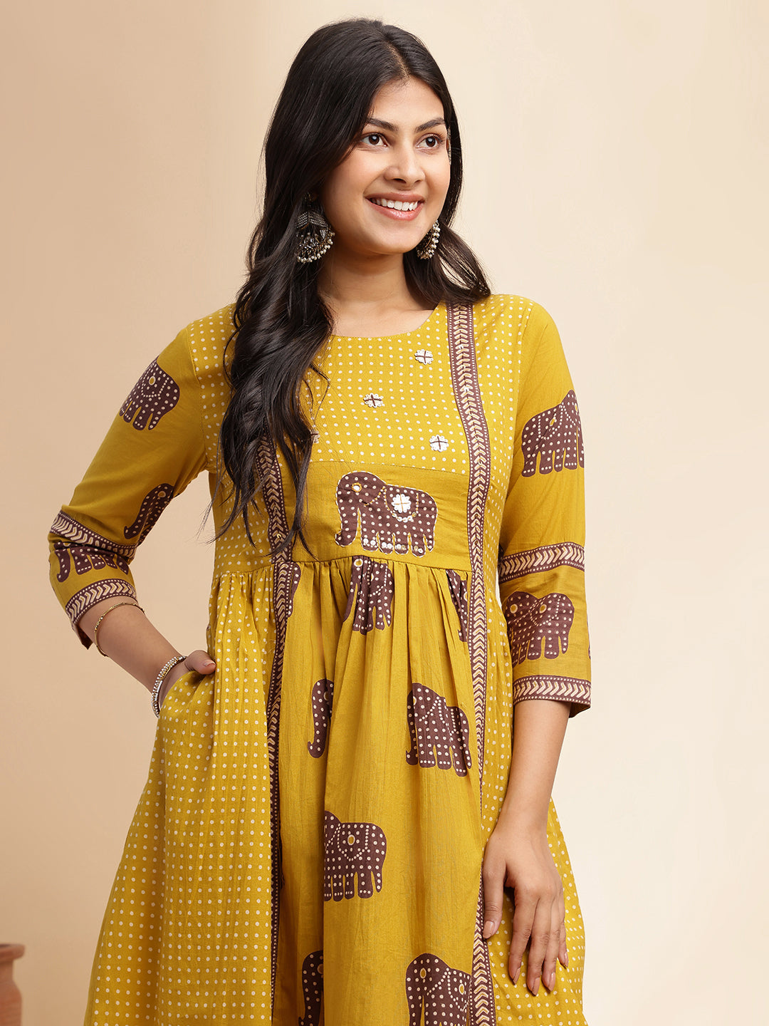 Mustard Animal Print Anarkali Cotton Stitched Kurta Set