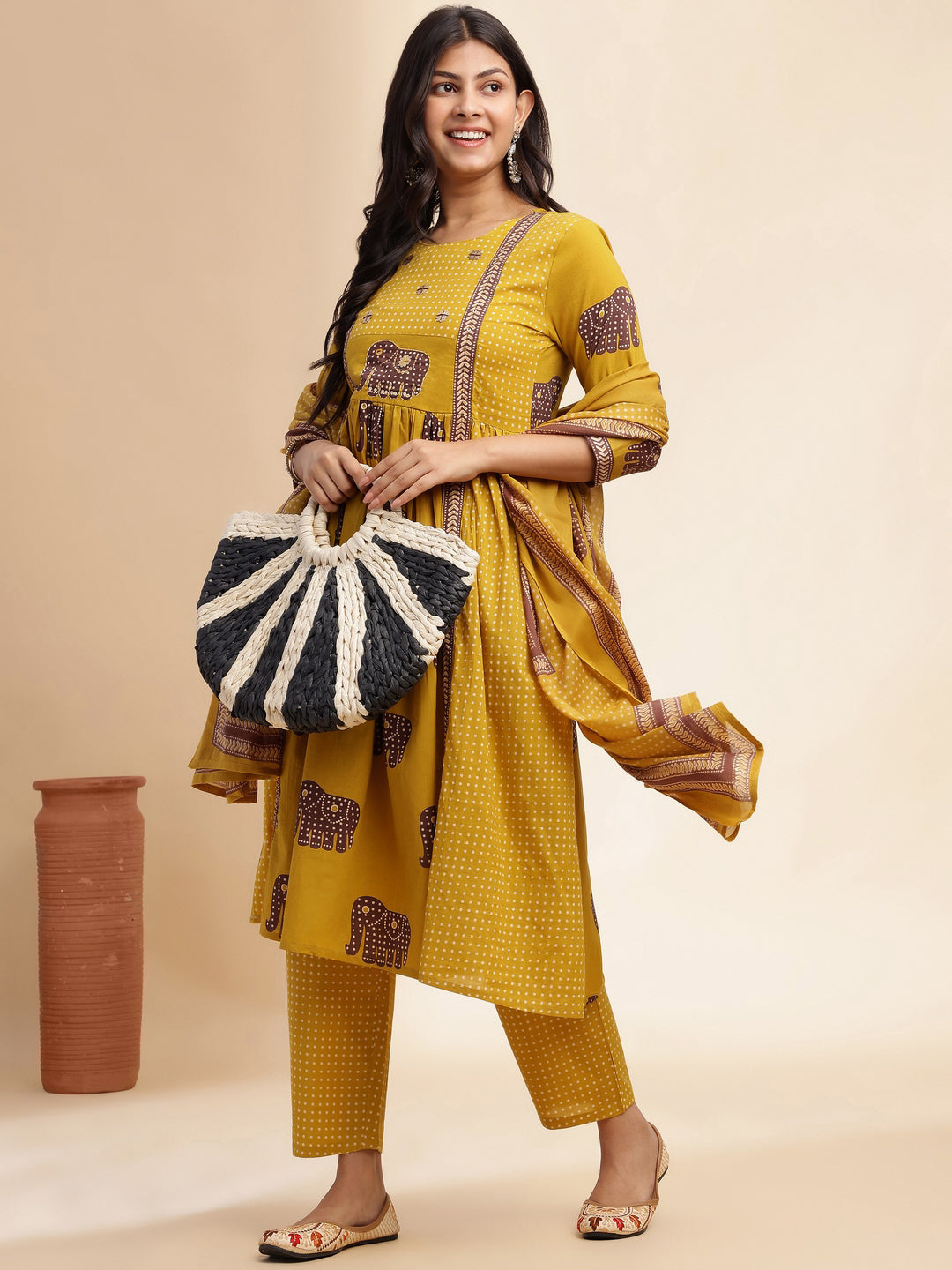 Mustard Animal Print Anarkali Cotton Stitched Kurta Set