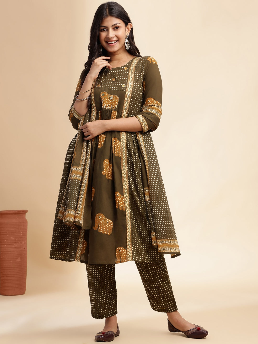 Mehendi Green Animal Print Anarkali Cotton Stitched Kurta Set