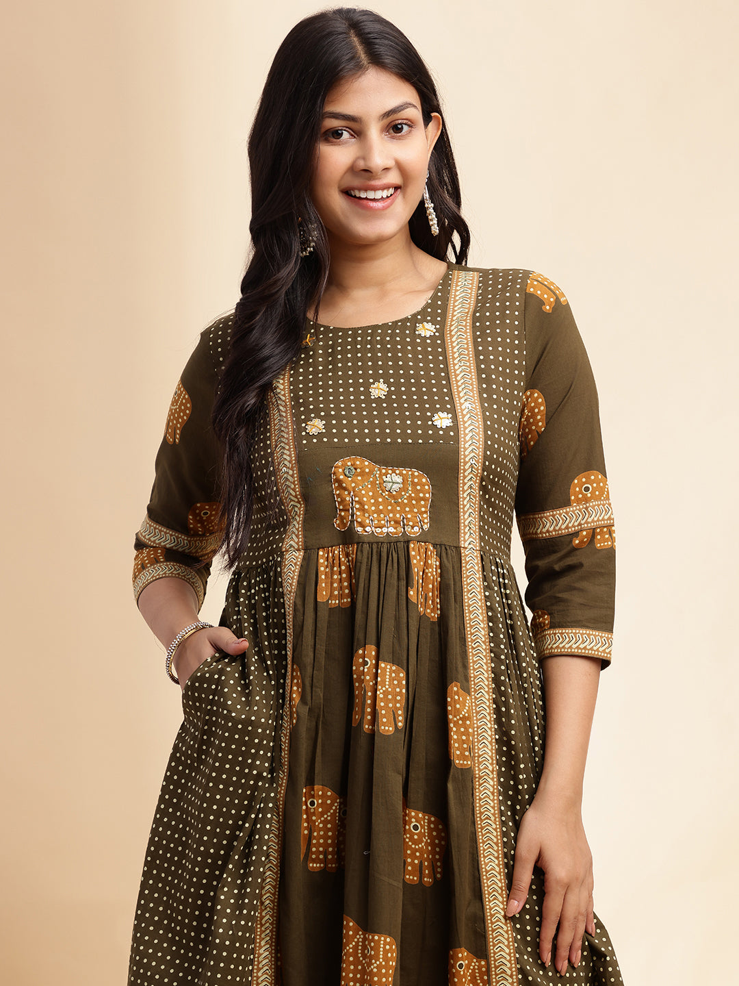 Mehendi Green Animal Print Anarkali Cotton Stitched Kurta Set