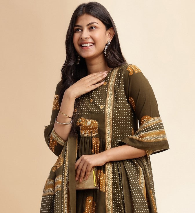Mehendi Green Animal Print Anarkali Cotton Stitched Kurta Set