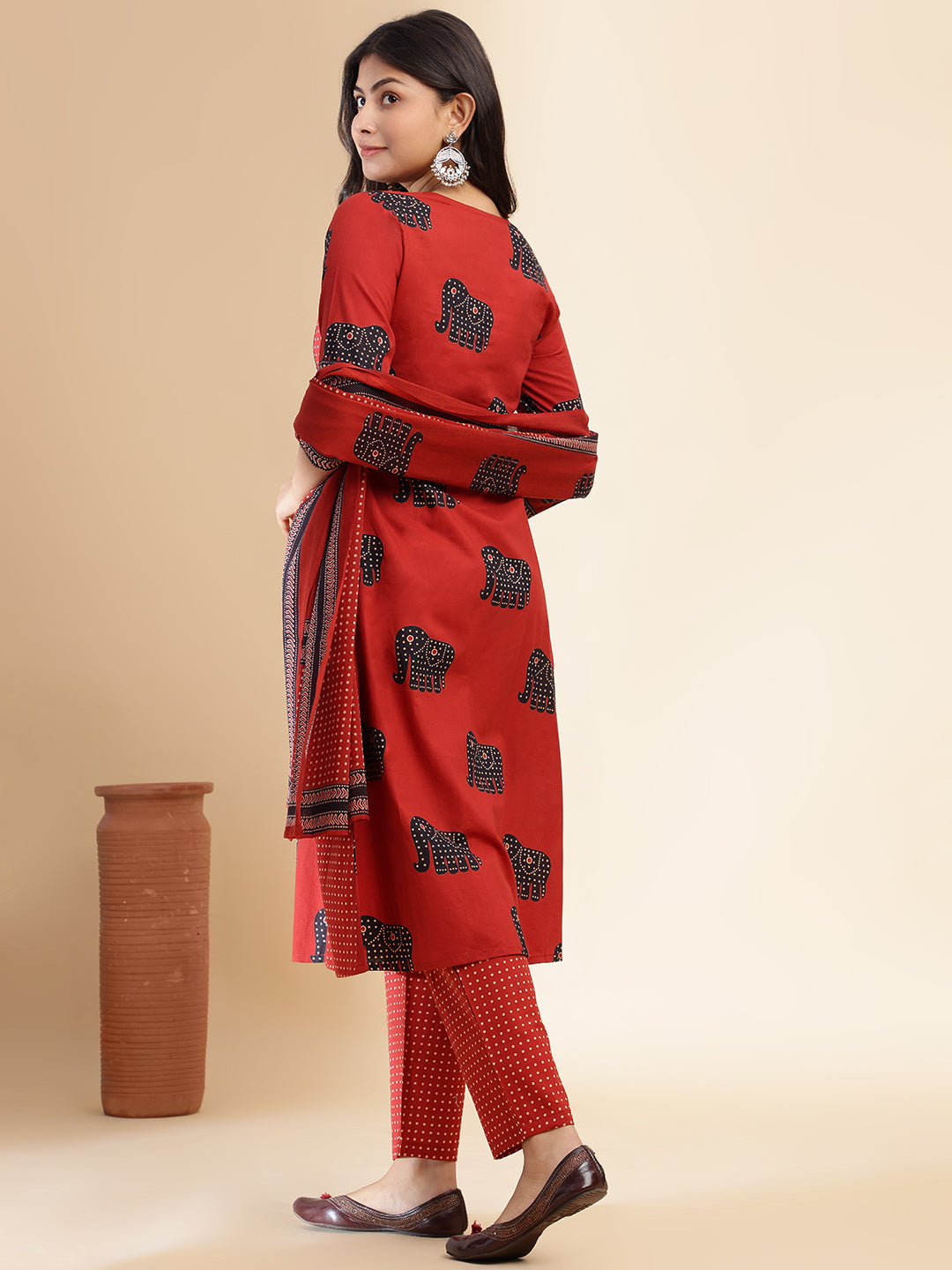 Maroon Animal Print Anarkali Cotton Stitched Kurta Set
