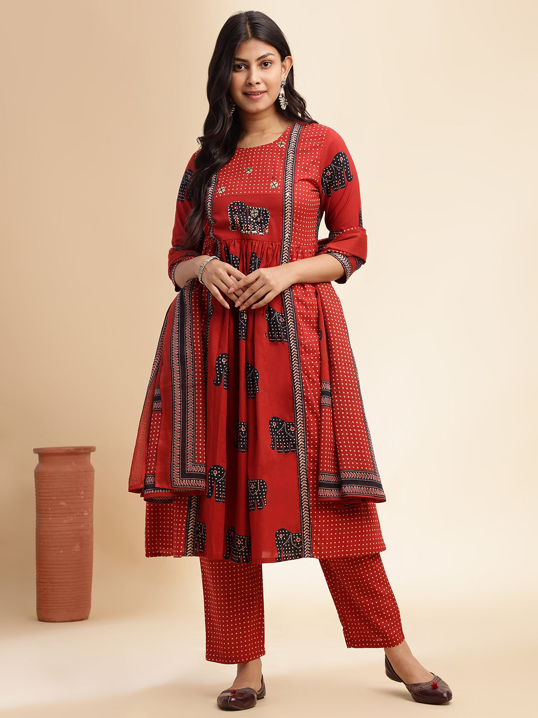 Maroon Animal Print Anarkali Cotton Stitched Kurta Set