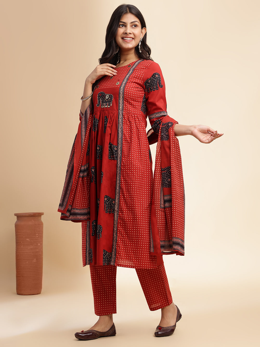 Maroon Animal Print Anarkali Cotton Stitched Kurta Set