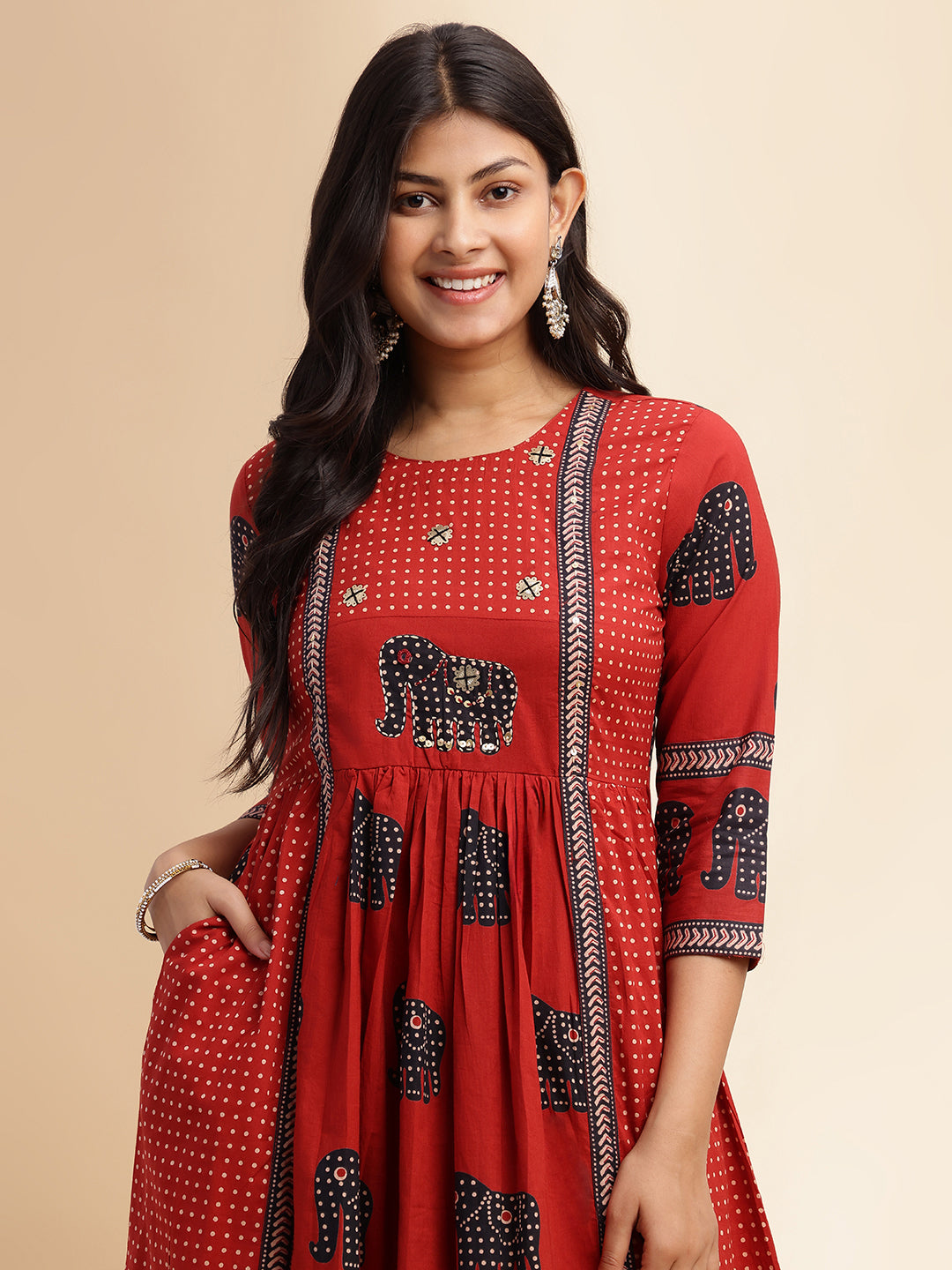 Maroon Animal Print Anarkali Cotton Stitched Kurta Set