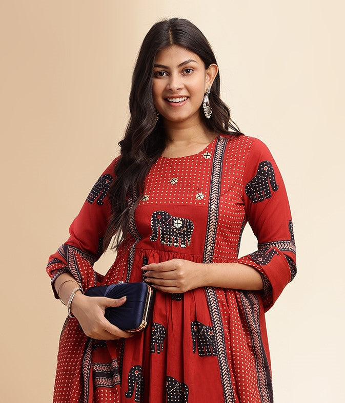 Maroon Animal Print Anarkali Cotton Stitched Kurta Set