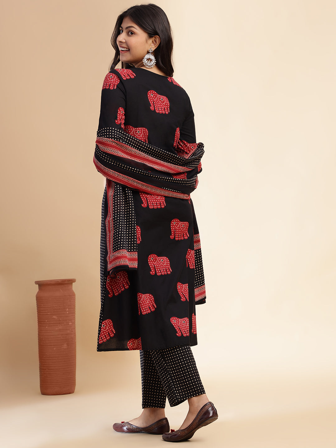 Black Animal Print Anarkali Cotton Stitched Kurta Set