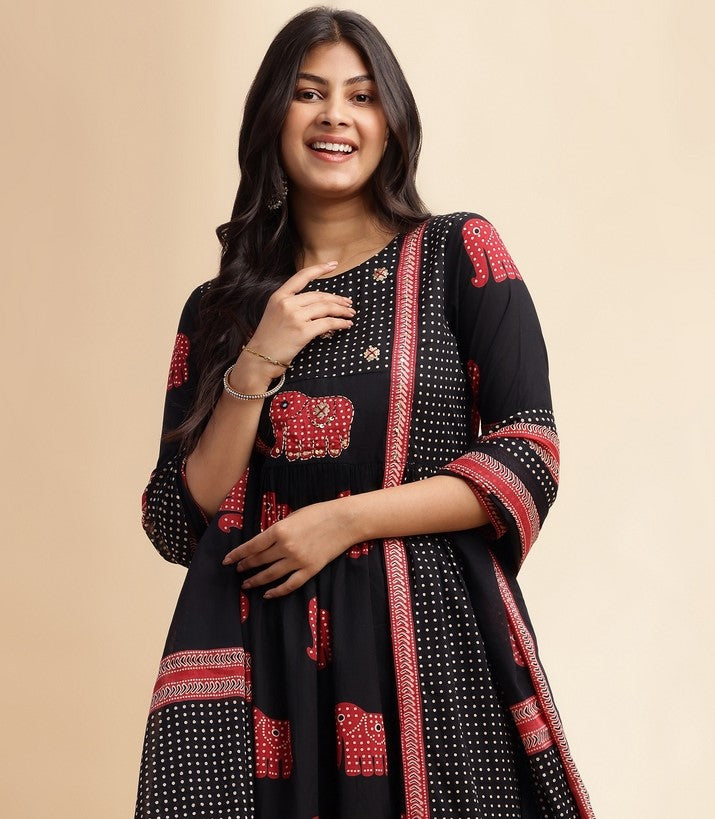 Black Animal Print Anarkali Cotton Stitched Kurta Set