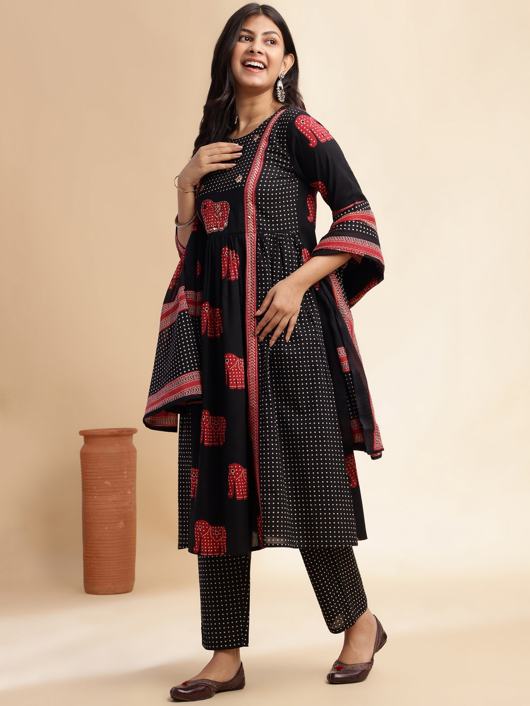 Black Animal Print Anarkali Cotton Stitched Kurta Set
