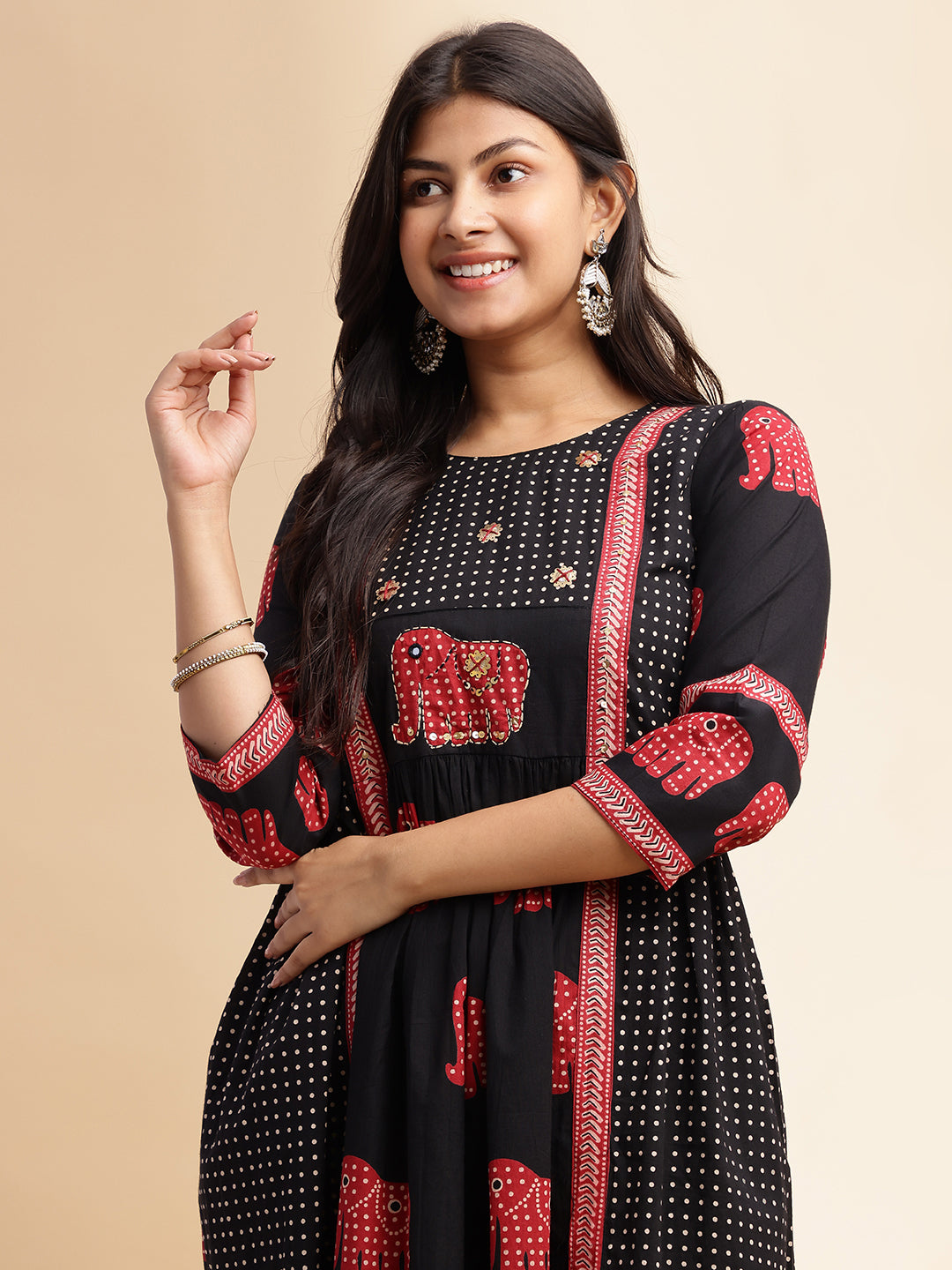 Black Animal Print Anarkali Cotton Stitched Kurta Set