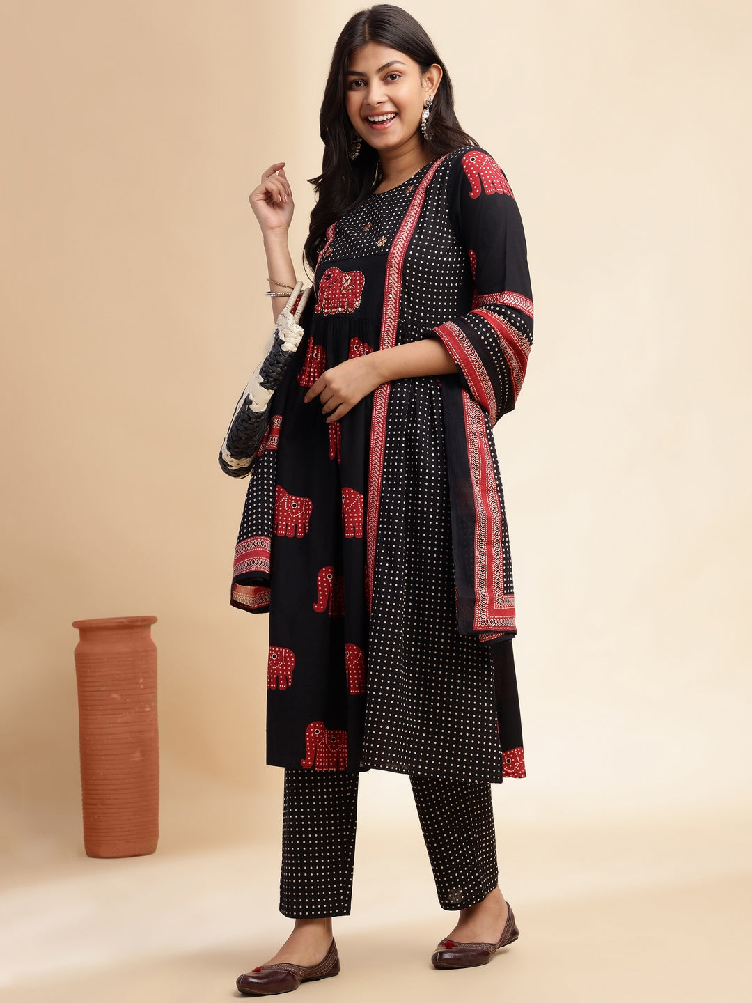 Black Animal Print Anarkali Cotton Stitched Kurta Set