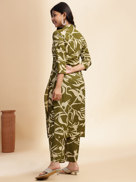Mehendi Green Botanical Print Straight Cotton Stitched Kurta Set