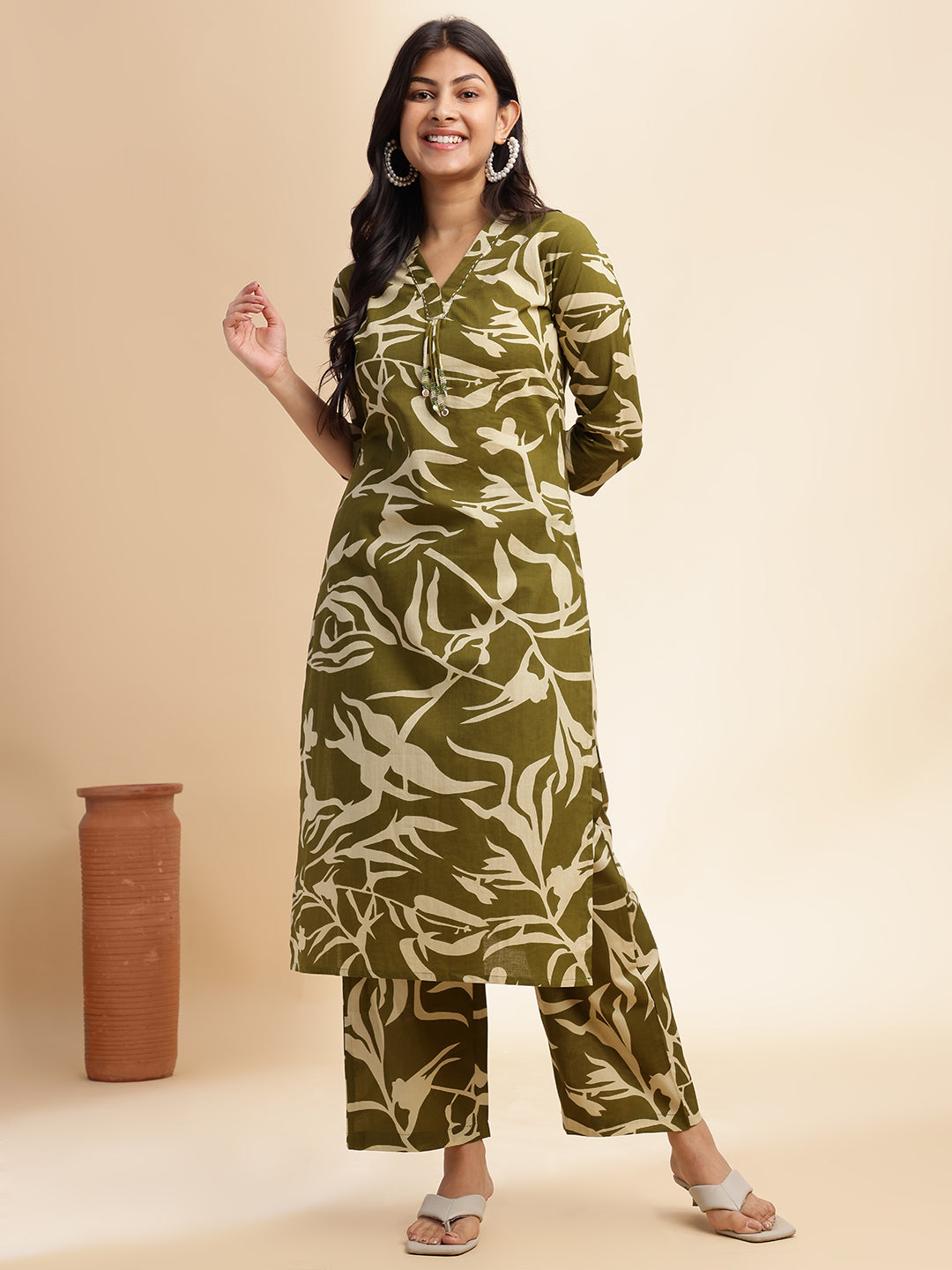 Mehendi Green Botanical Print Straight Cotton Stitched Kurta Set