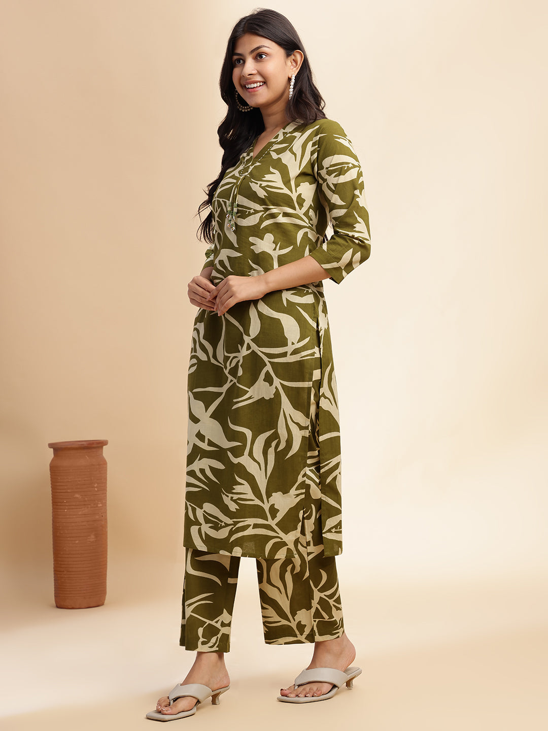 Mehendi Green Botanical Print Straight Cotton Stitched Kurta Set