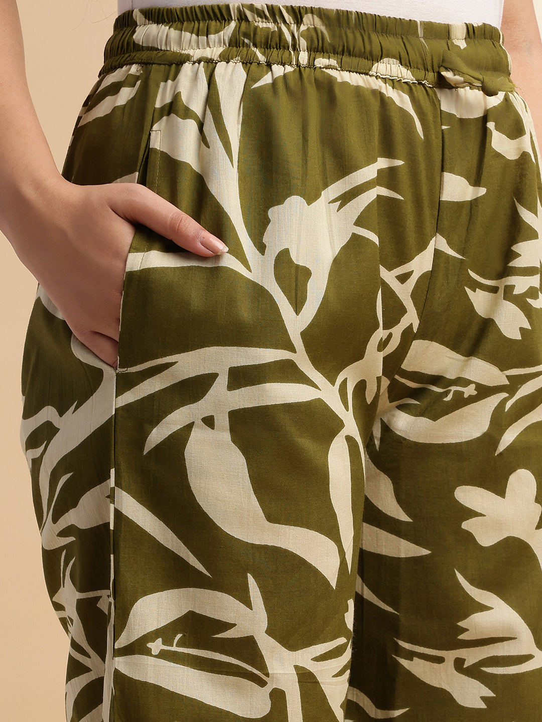 Mehendi Green Botanical Print Straight Cotton Stitched Kurta Set