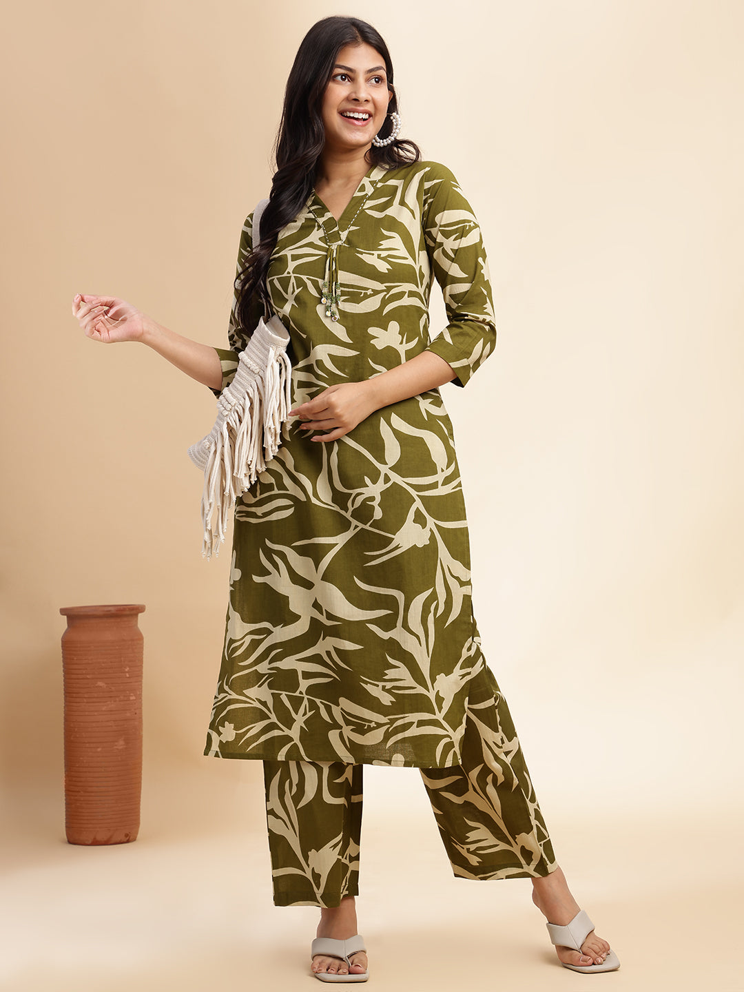 Mehendi Green Botanical Print Straight Cotton Stitched Kurta Set