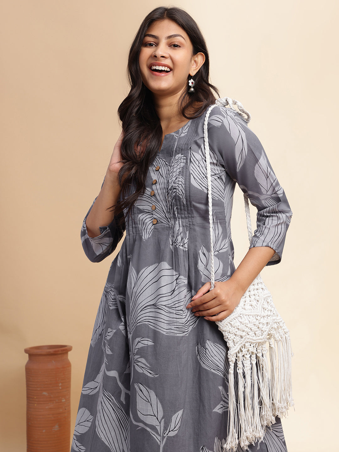 Grey Leaf Print A-Line Cotton Stitched Kurta Set