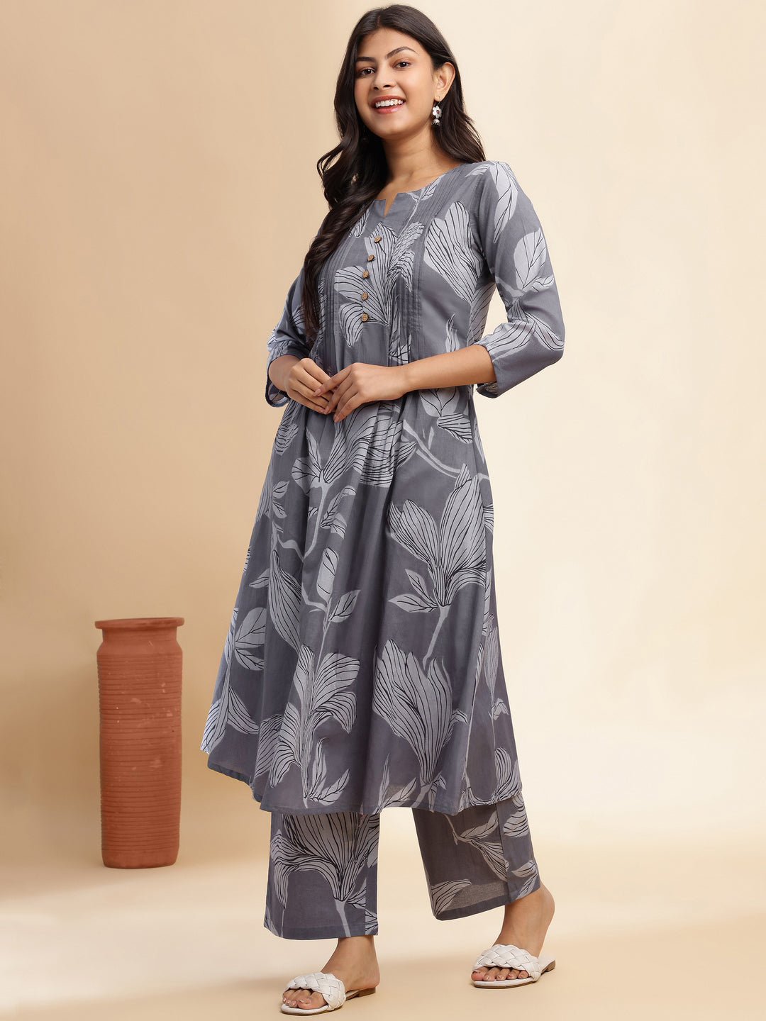 Grey Leaf Print A-Line Cotton Stitched Kurta Set