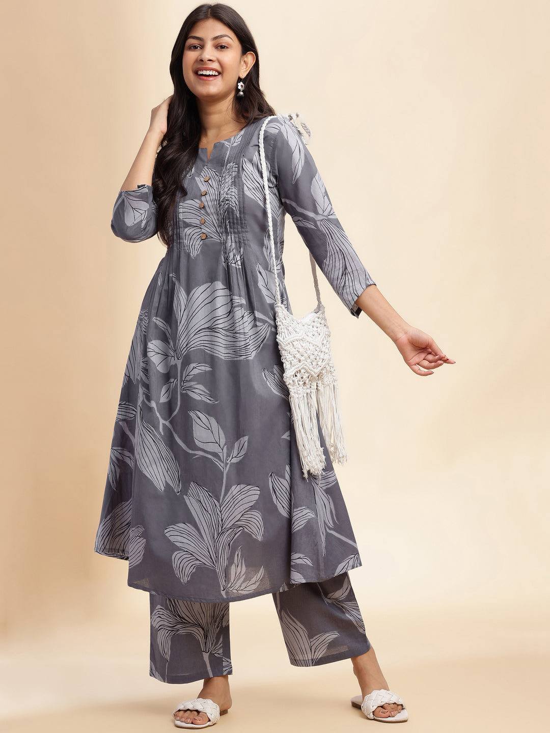 Grey Leaf Print A-Line Cotton Stitched Kurta Set