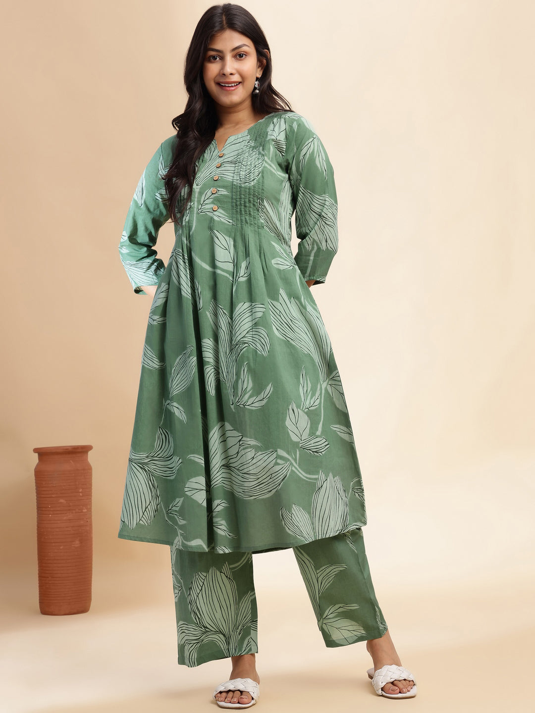 Pista Green Leaf Print A-Line Cotton Stitched Kurta Set