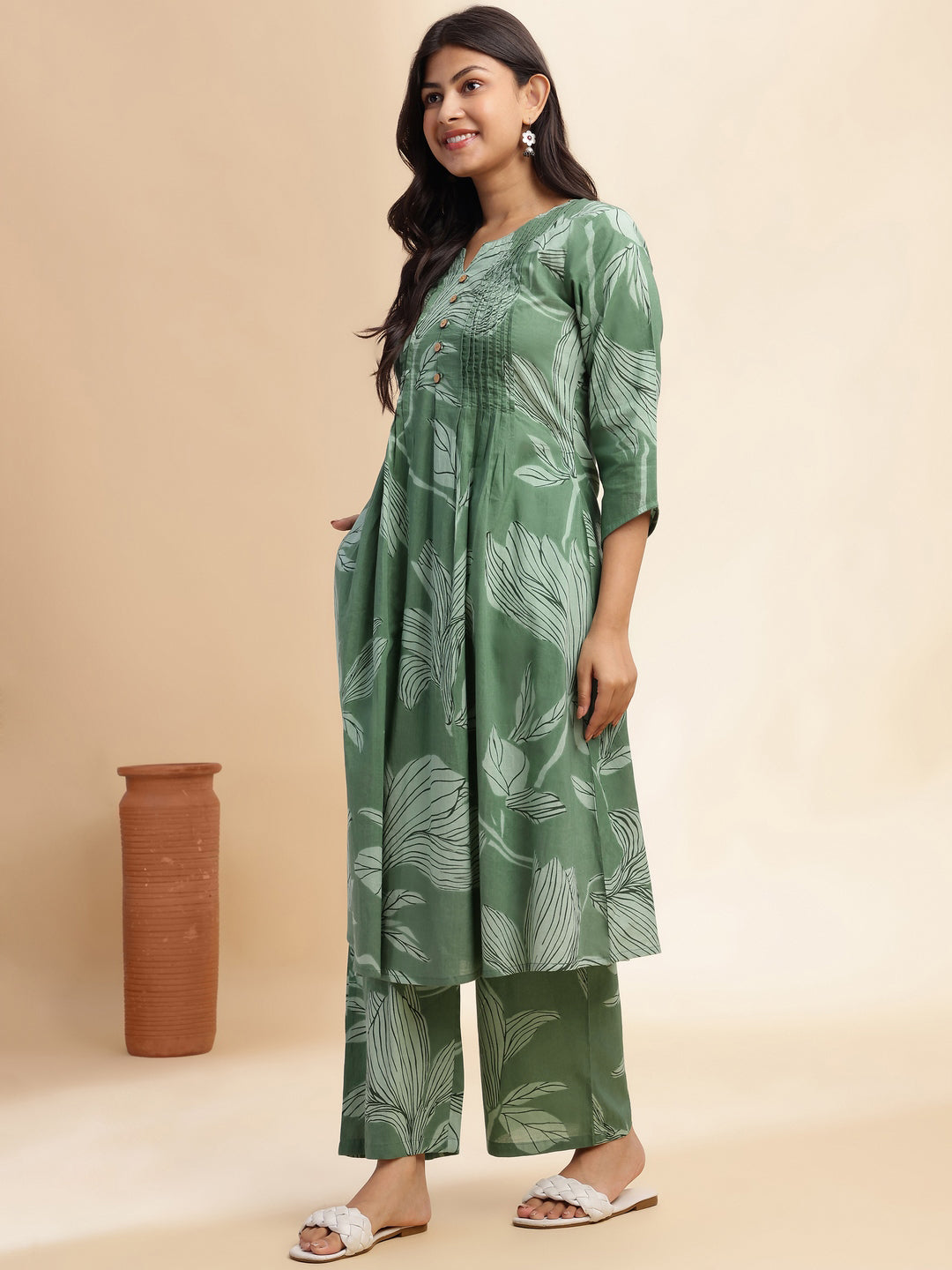 Pista Green Leaf Print A-Line Cotton Stitched Kurta Set