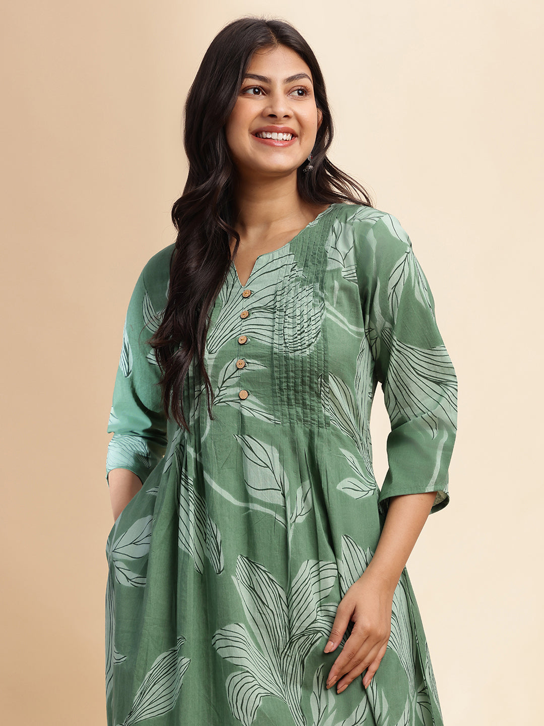 Pista Green Leaf Print A-Line Cotton Stitched Kurta Set