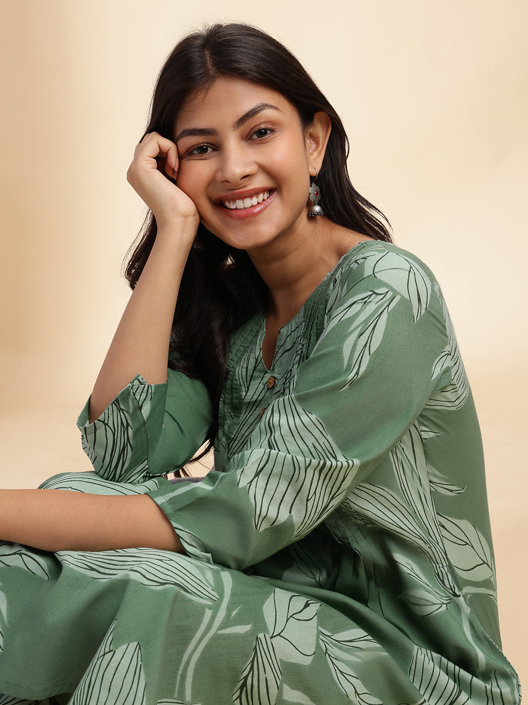 Pista Green Leaf Print A-Line Cotton Stitched Kurta Set