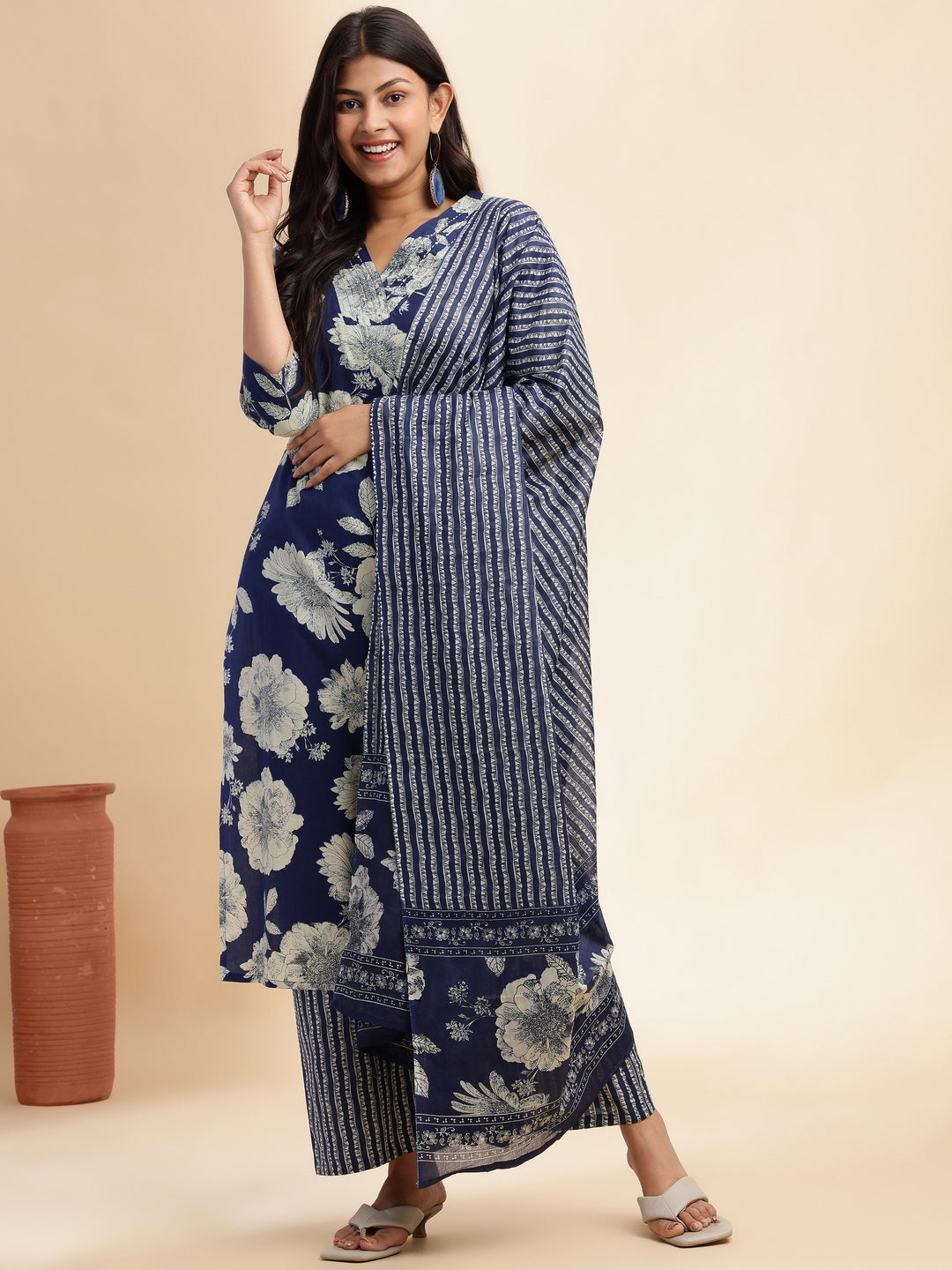 Blue Floral Print Straight Cotton Stitched Kurta Set