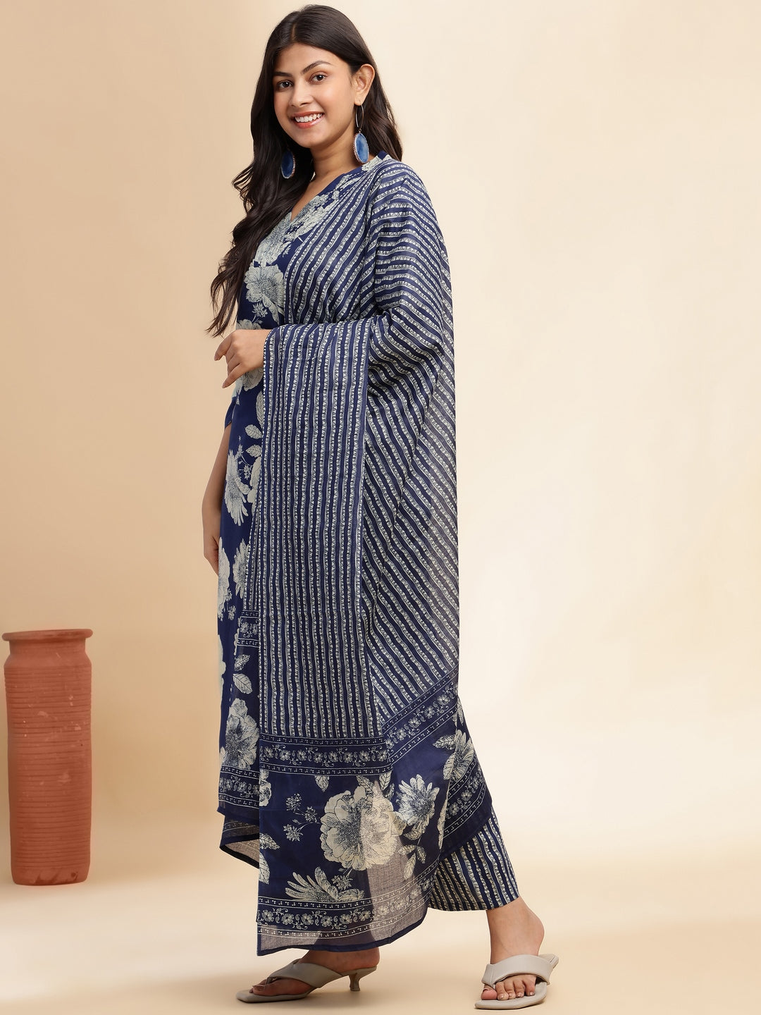 Blue Floral Print Straight Cotton Stitched Kurta Set