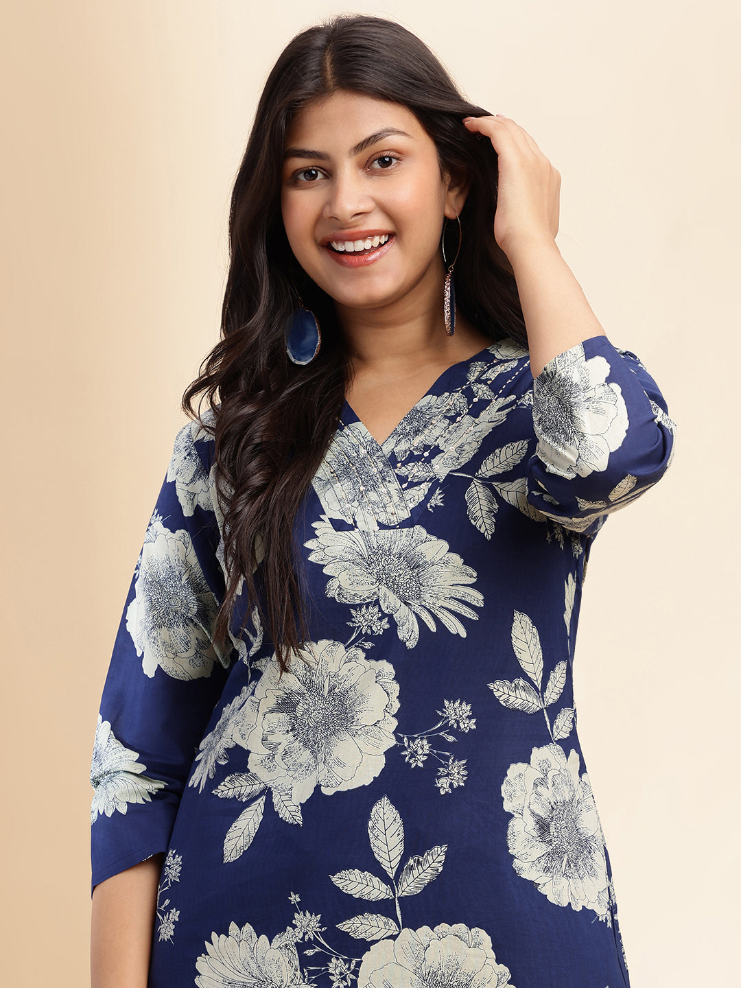 Blue Floral Print Straight Cotton Stitched Kurta Set