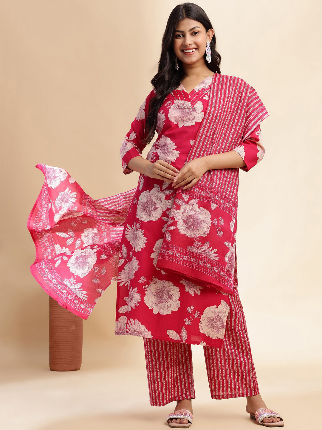 Rani Pink Floral Print Straight Cotton Stitched Kurta Set