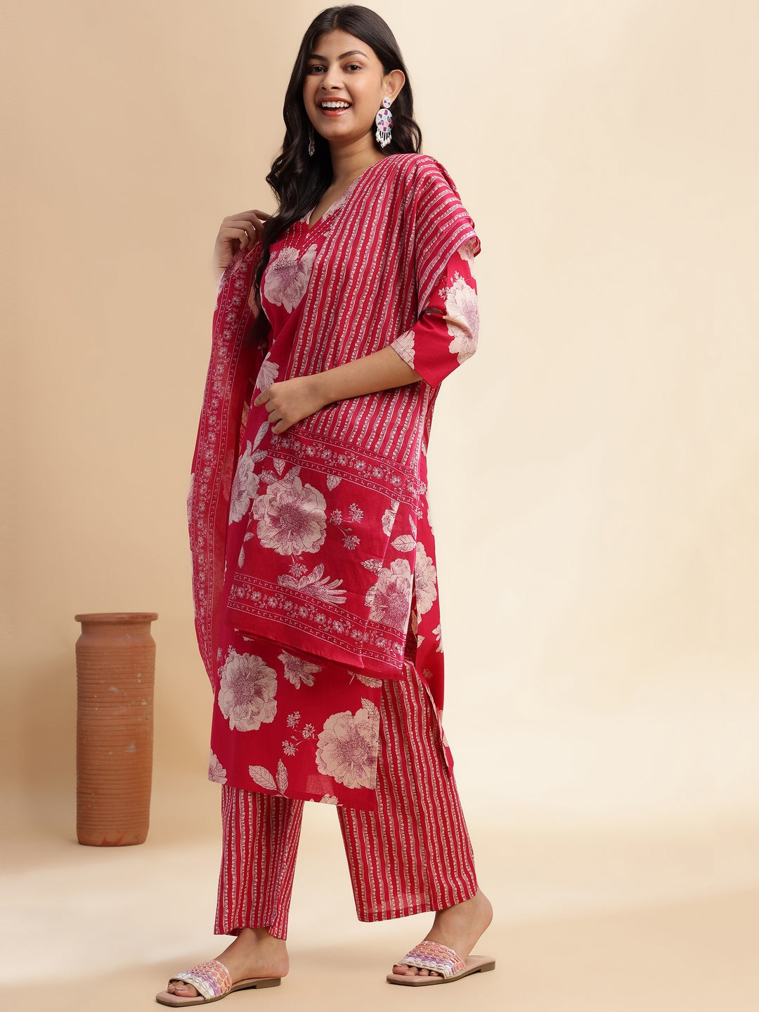 Rani Pink Floral Print Straight Cotton Stitched Kurta Set