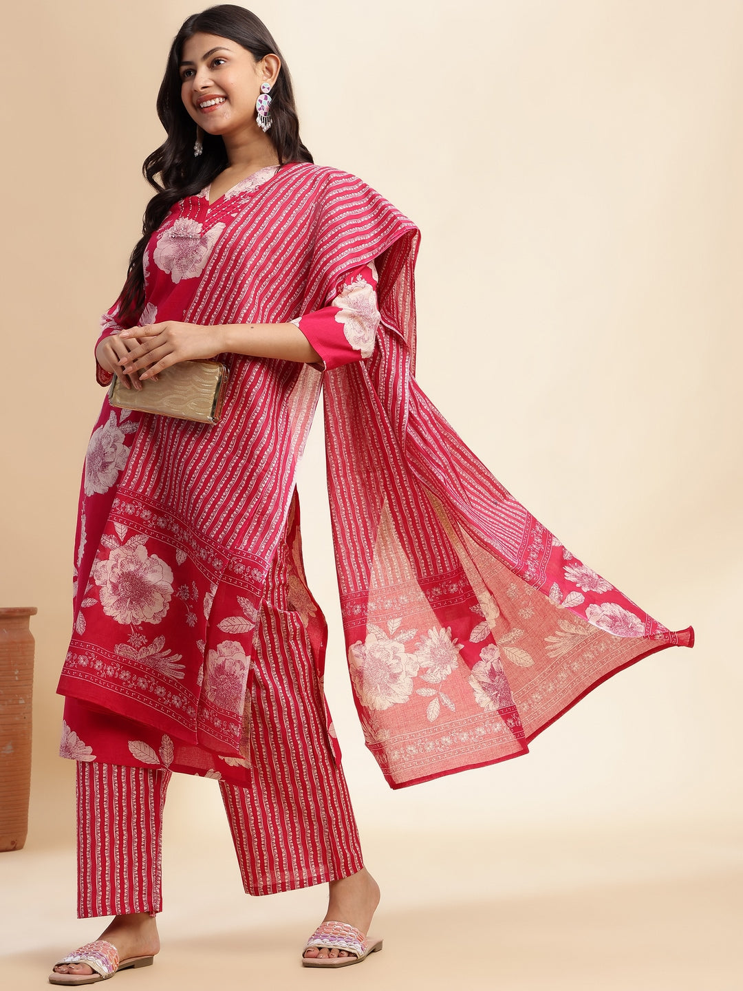 Rani Pink Floral Print Straight Cotton Stitched Kurta Set