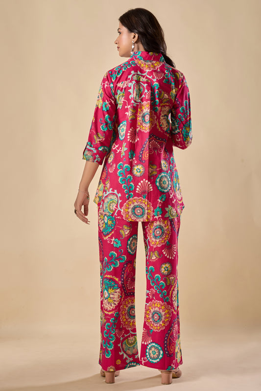 Pink Cotton Floral Print A-Line Co-Ord Set