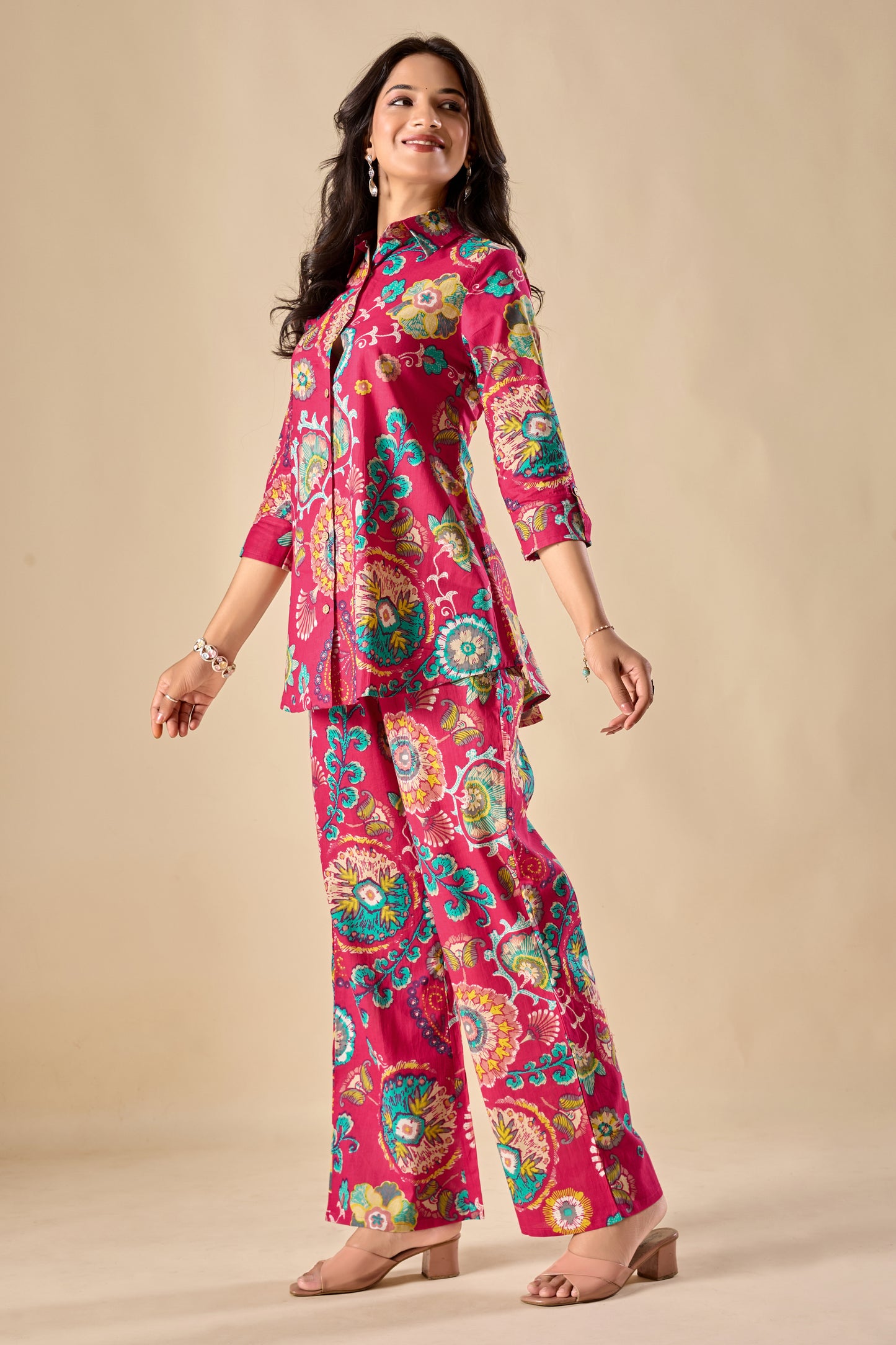 Pink Cotton Floral Print A-Line Co-Ord Set
