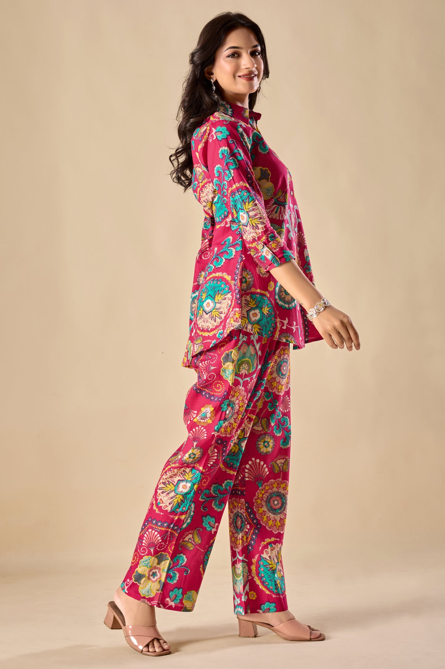 Pink Cotton Floral Print A-Line Co-Ord Set