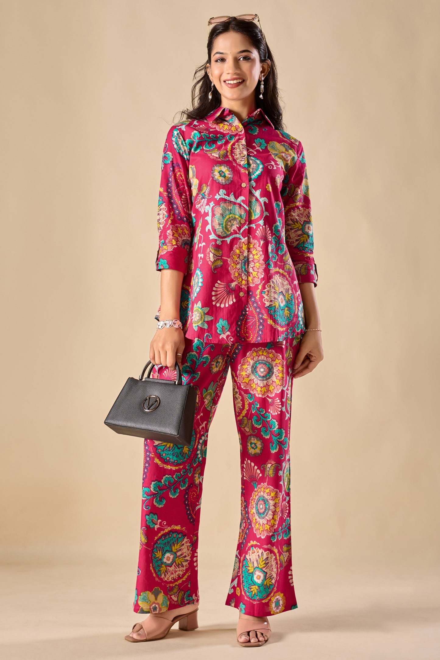 Pink Cotton Floral Print A-Line Co-Ord Set