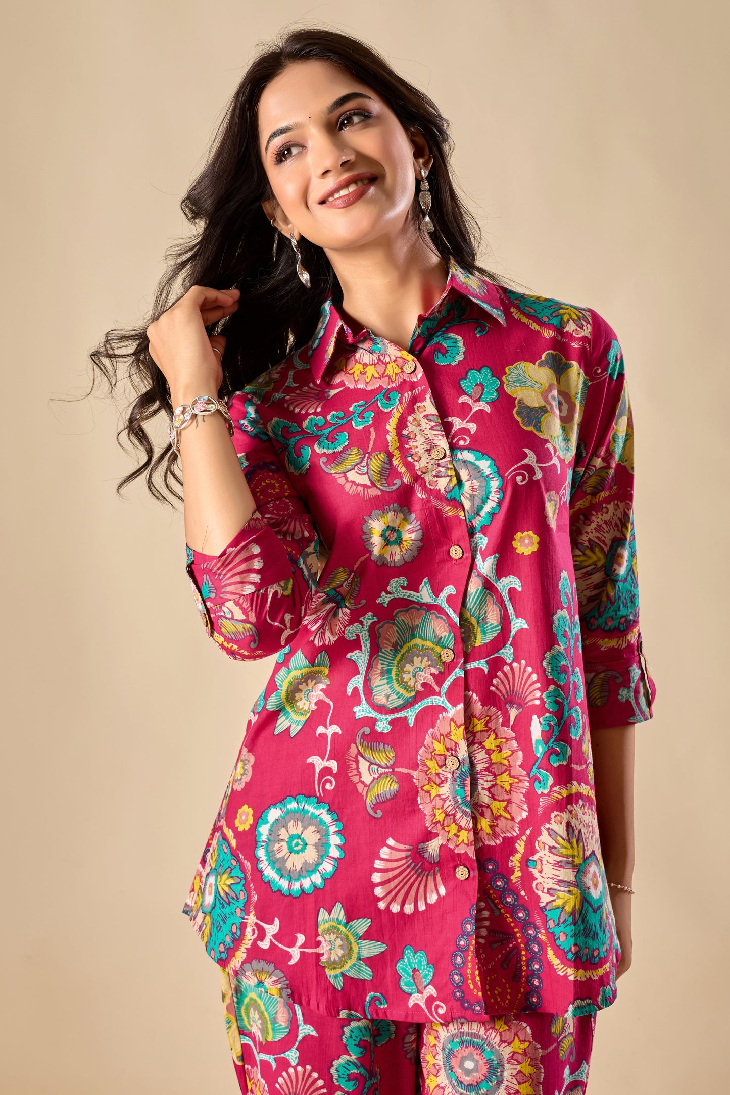 Pink Cotton Floral Print A-Line Co-Ord Set