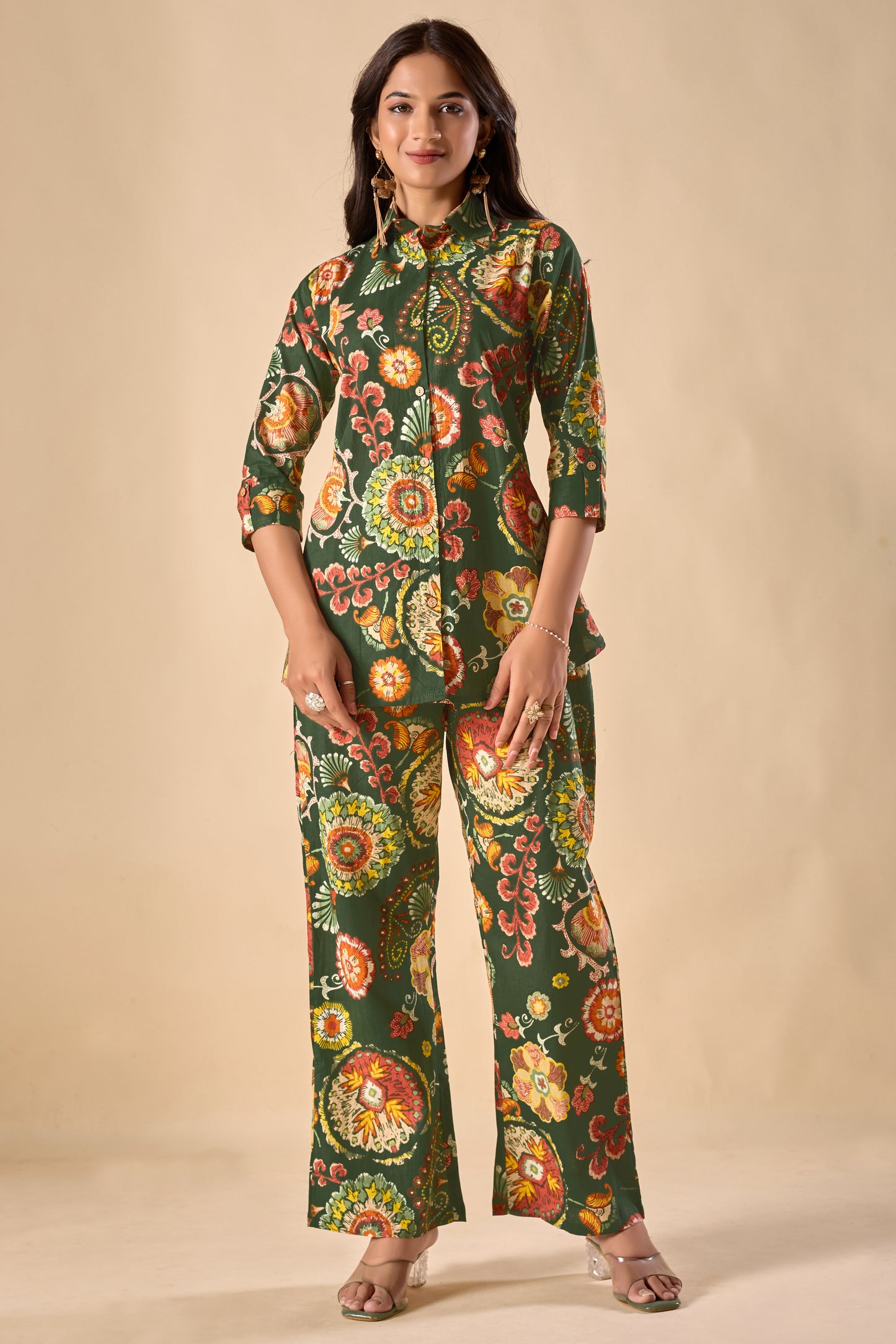 Green Cotton Floral Print A-Line Co-Ord Set