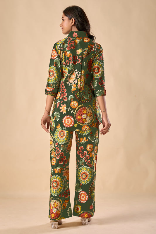 Green Cotton Floral Print A-Line Co-Ord Set
