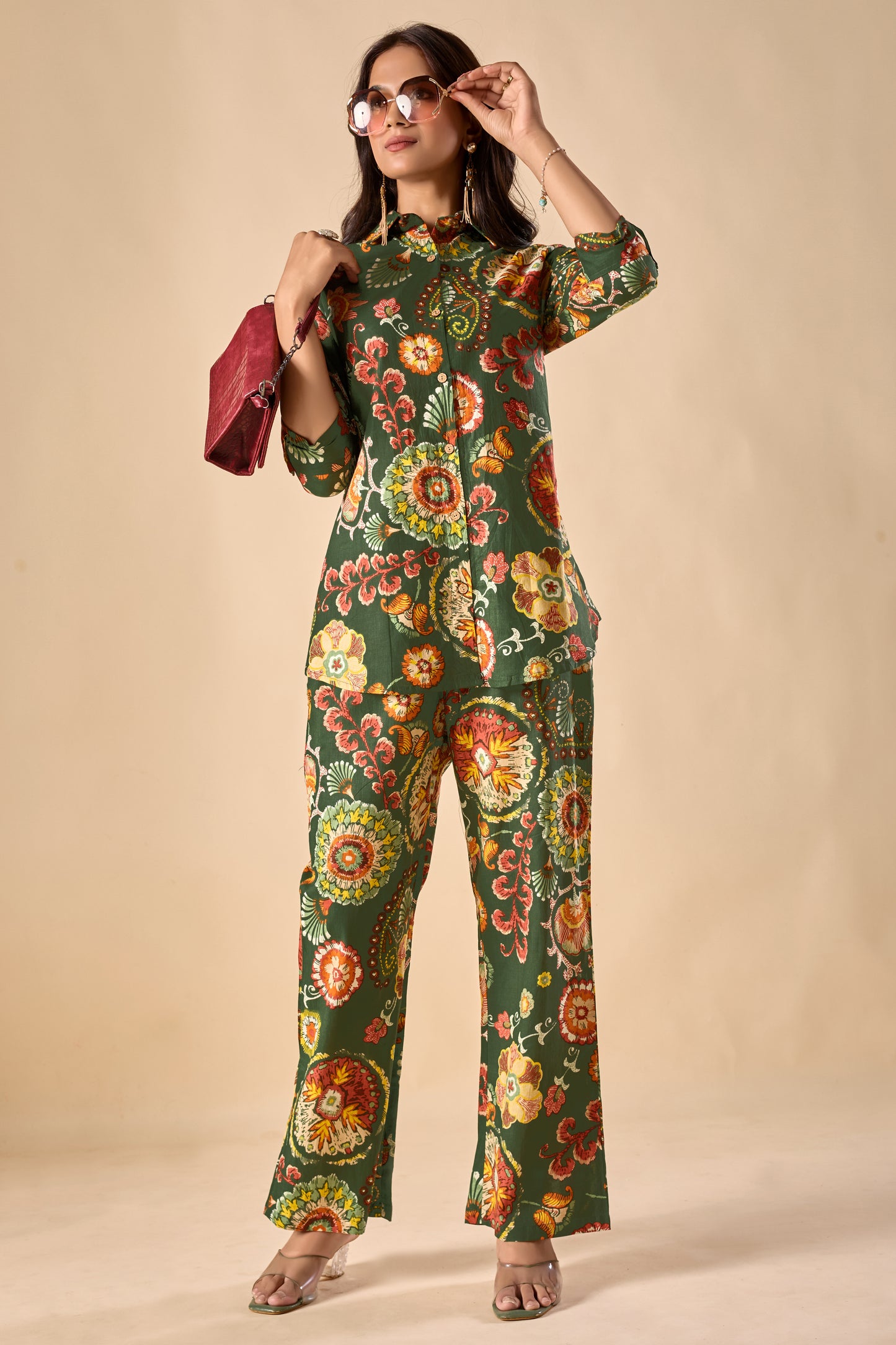 Green Cotton Floral Print A-Line Co-Ord Set