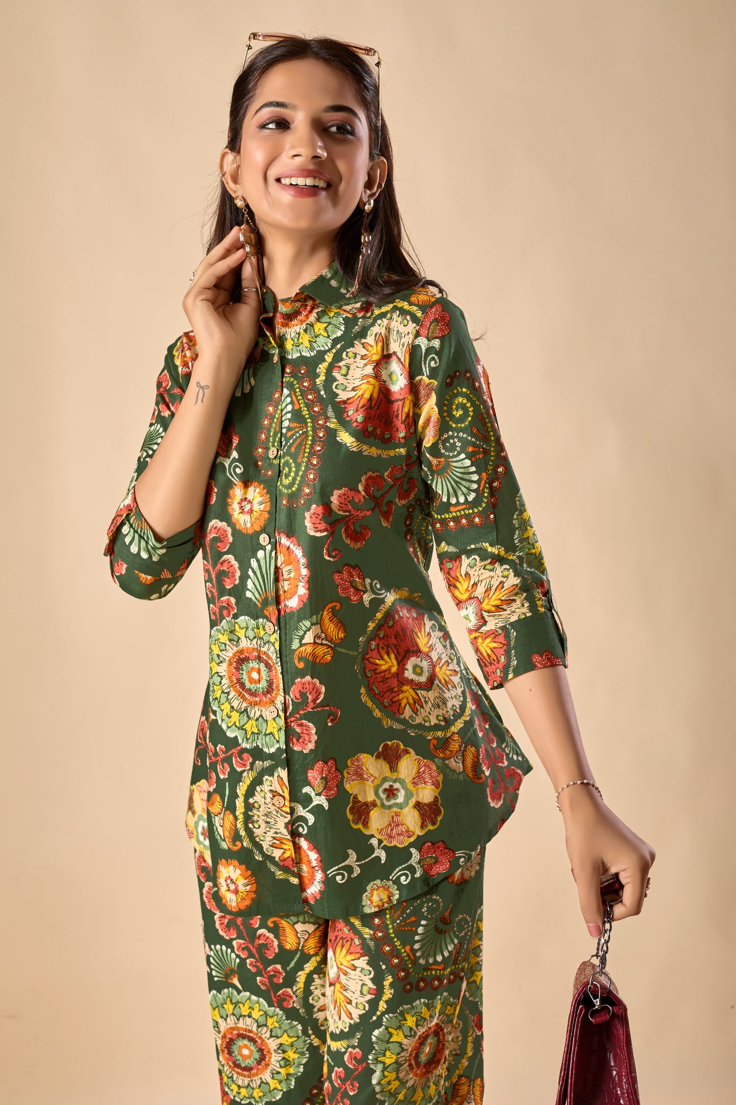 Green Cotton Floral Print A-Line Co-Ord Set