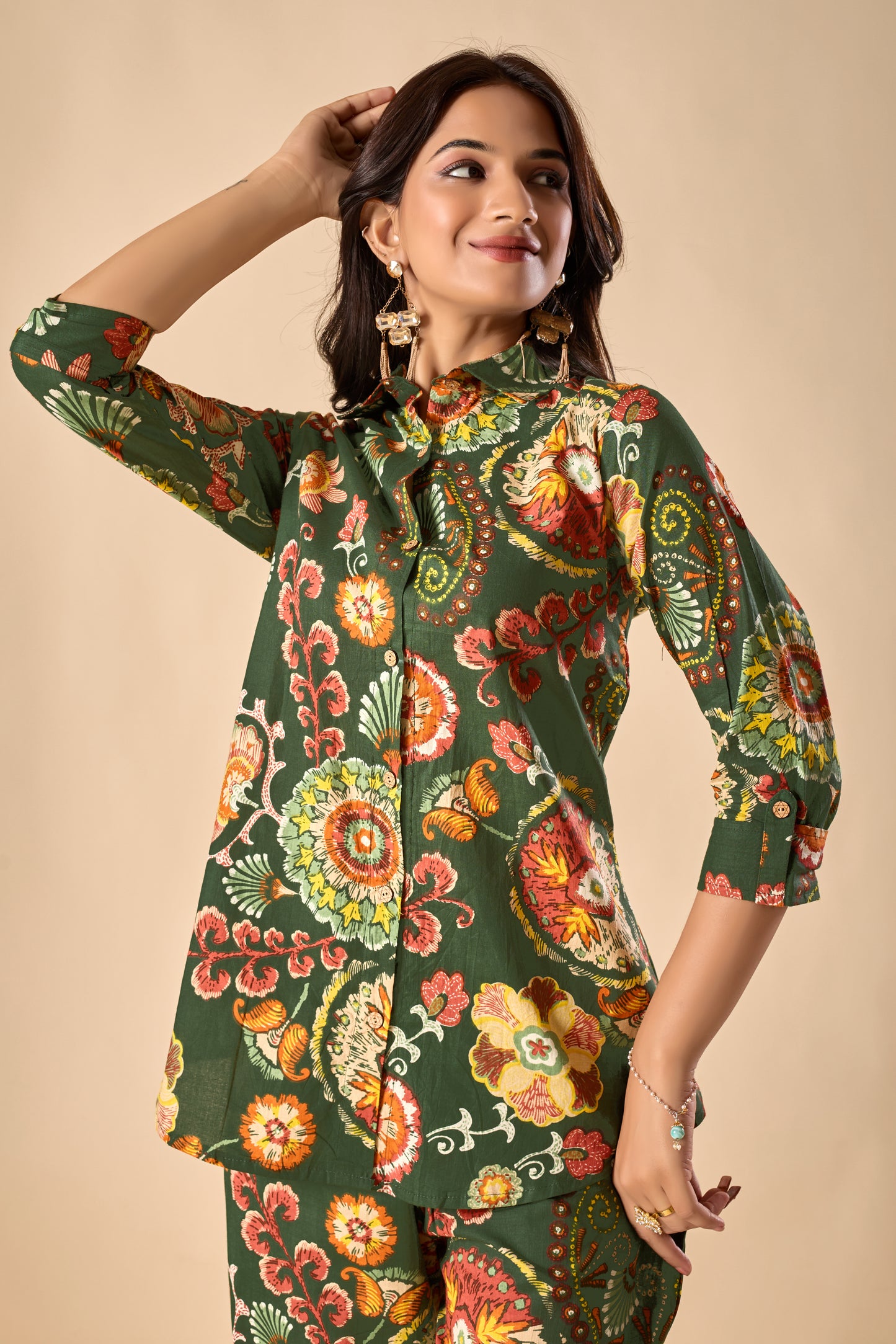 Green Cotton Floral Print A-Line Co-Ord Set