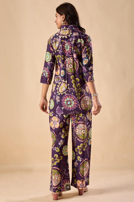 Violet Cotton Floral Print A-Line Co-Ord Set